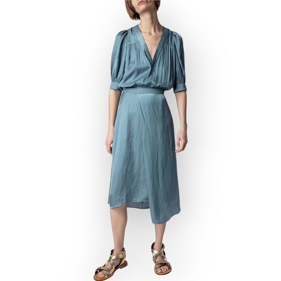 Large Zadig&Voltaire Ralia Satin Midi Dress Tonnerre Monochrome Minimal Feminine - Picture 12 of 14